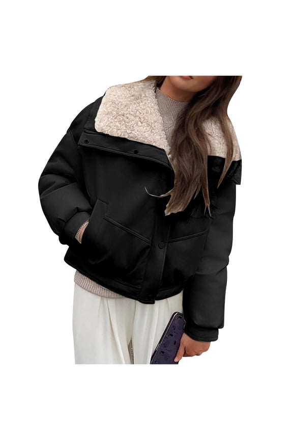 Women's Fashion Lapel Inner Fuzz Jacket Casual Solid Colored Long Sleeve Button Zip-Up Loose Fit Turn Down Collar Pocket Warm Outwear Coat