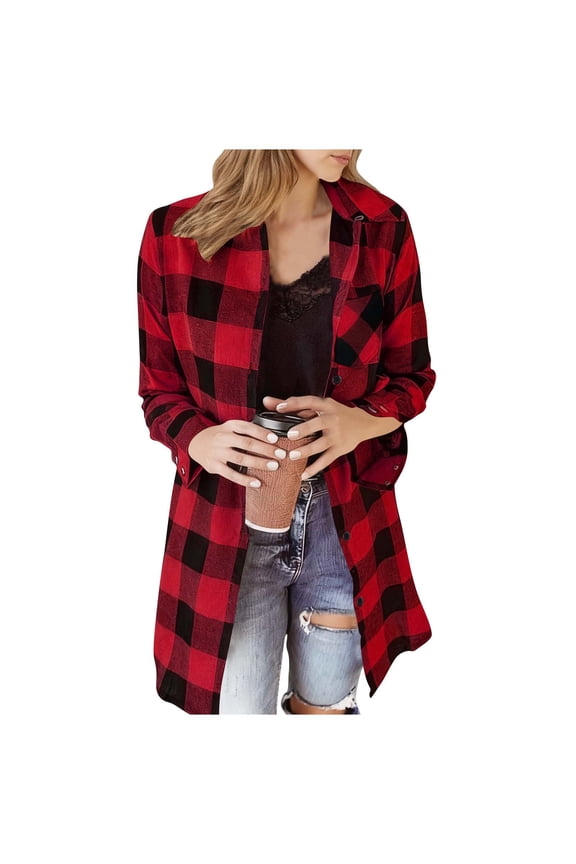 Women's Fashion Lapel Plaid Design Long Sleeves Loose Fitting Hoodless Long Length Pocket Button Coat Casual Ladies Daily Outerwear Coat