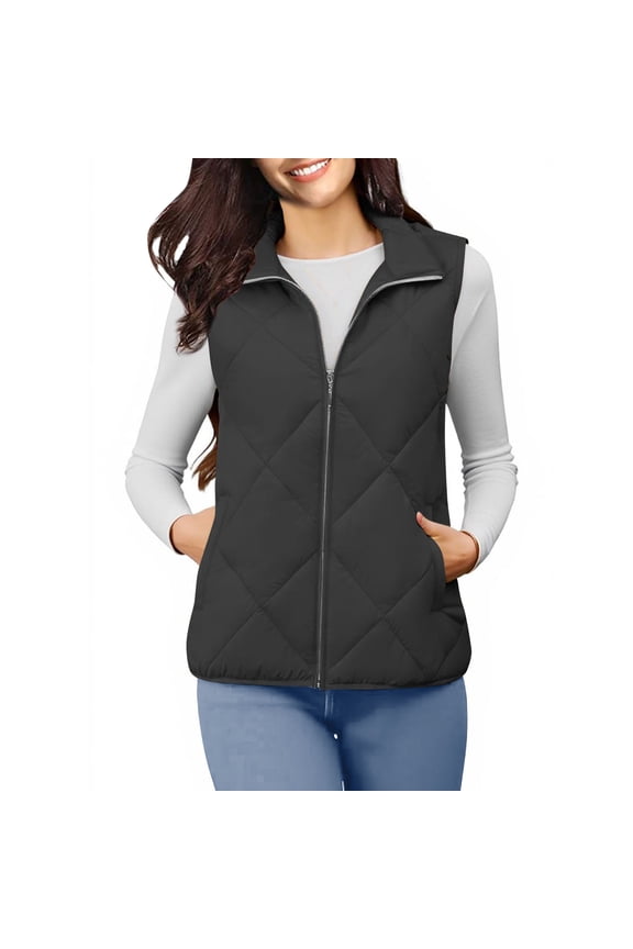 Women's Fashion Lapel Zipper Sleeveless Solid Colored Waistcoat Casual Turn Down Collar Vest Coat Warm Fit Pocket Warm Winter Jacket