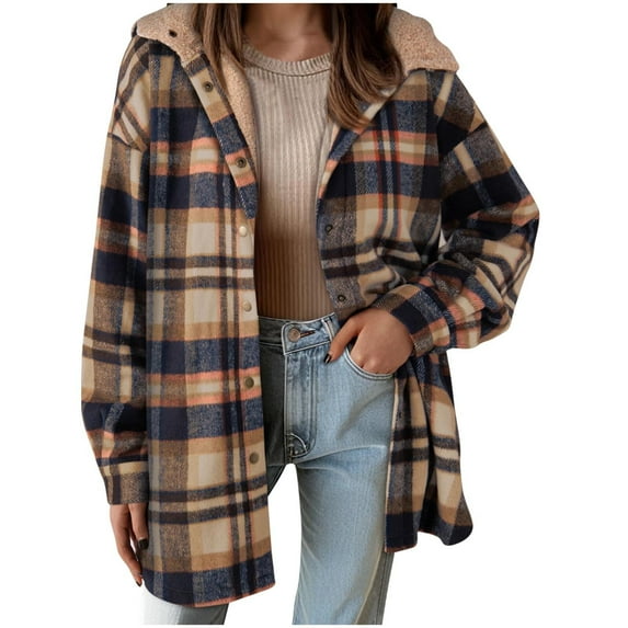 LEBONYARD Women's Fashion Plaid Printing Splice Hooded Button Coat Casual Long Sleeve Loose Fit Pocket Trendy Ladies Fall Winter Outerwear Coat