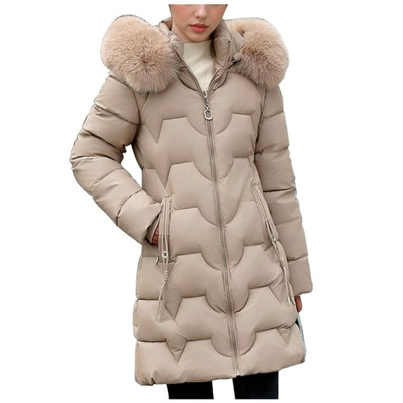 LEBONYARD Women's Fashion Plus Size Hooded Puffer Jacket Casual Plush Collar Front Zipper Pocket Long Length Solid Colored Loose Warm Fit Winter Coat