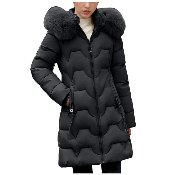 LEBONYARD Women's Fashion Plus Size Hooded Puffer Jacket Casual Plush Collar Front Zipper Pocket Long Length Solid Colored Loose Warm Fit Winter Coat