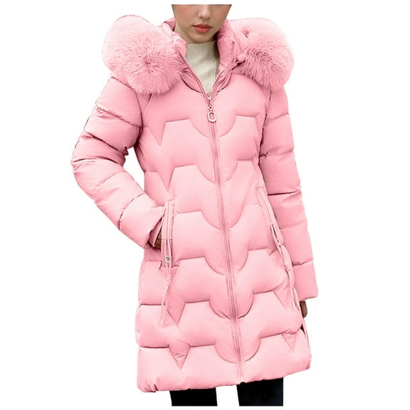 LEBONYARD Women's Fashion Plus Size Hooded Puffer Jacket Casual Plush Collar Front Zipper Pocket Long Length Solid Colored Loose Warm Fit Winter Coat