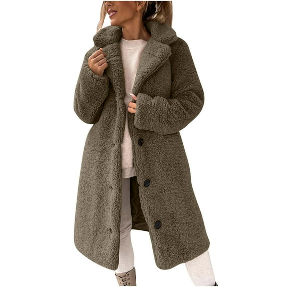 LEBONYARD Women's Fashion Plus Size Solid Colored Lapel Button Winter Coat Long Sleeve Loose Warm Fit Long Length Fleece Cardign Outwear Coats