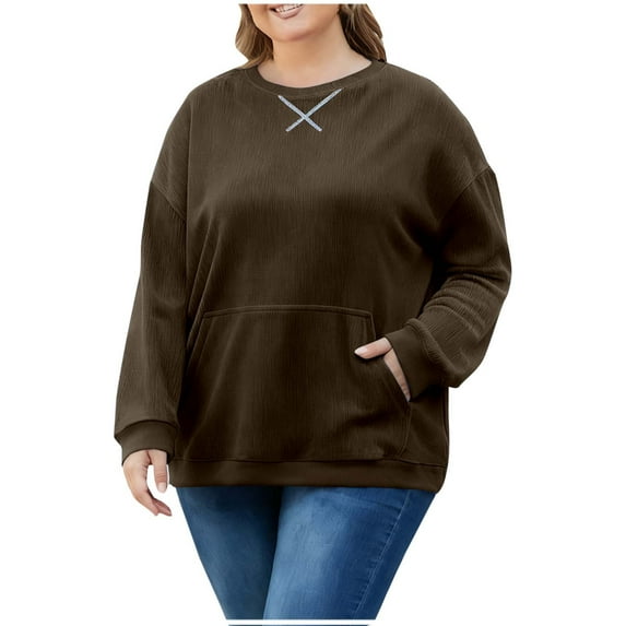 LEBONYARD Women's Fashion Plus Sized Crew Neck Big Pocket Front Corduroy Pullover Sweatshirts Casual Long Sleeve Solid Colored Winter Sweatshirts