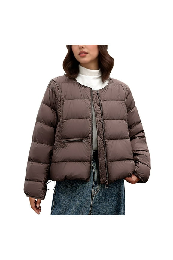 Women's Fashion Round Collar Hoodless Zipper Puffer Vest Jacket Casual Bottom Drawstring Solid Color Long Sleeve Loose Fit Outwear Coat