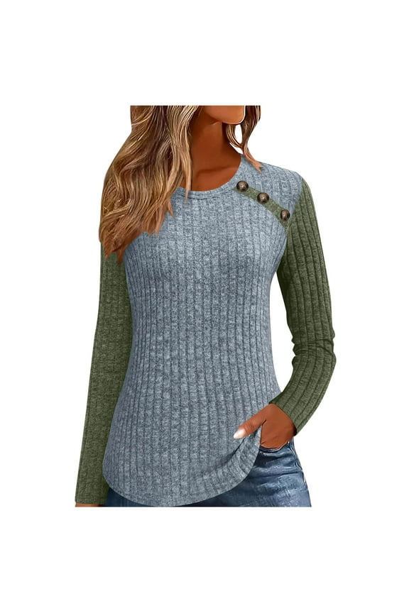 Women's Fashion Round Neck Drop Shoulder Pullover Ladies Tops Casual Long Sleeved Chic Color Block Design Loose Fit Ladies Fall Winter Top