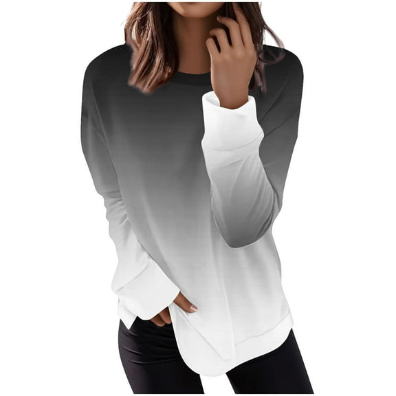LEBONYARD Women's Fashion Round Neck Gradient Color Printing Blouse Casual Long Sleeve Loose Fit Pullover Sweatshirts