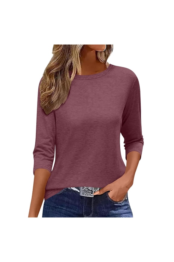 Women's Fashion Round Neck Tops Chic Gradient Color 3/4 Sleeved Comfortable Fit Blouse Casual Slim Silky Pullover 2025 Fall Winter Tops