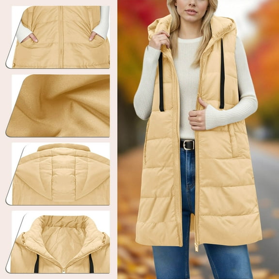 LEBONYARD Women's Fashion Solid Colored Stand Up Collar Drawstring Hooded Long Length Zipper Puffer Coat Casual Sleeveless Loose Fit Warm Padded Coat