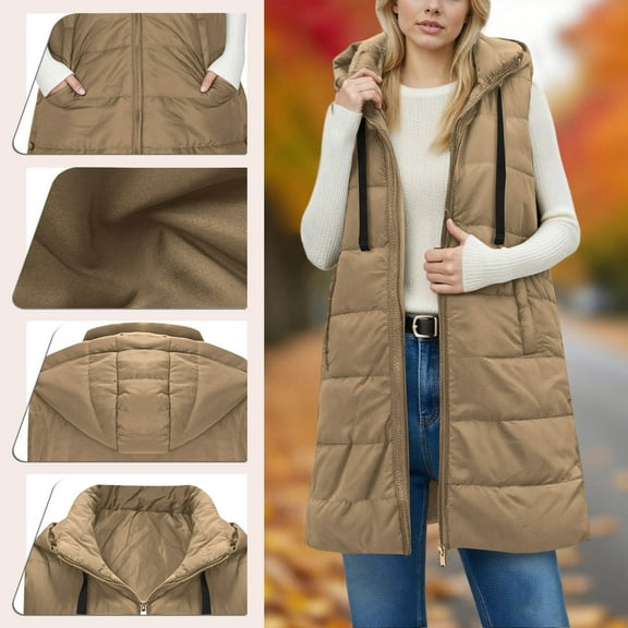 LEBONYARD Women's Fashion Solid Colored Stand Up Collar Drawstring Hooded Long Length Zipper Puffer Coat Casual Sleeveless Loose Fit Warm Padded Coat