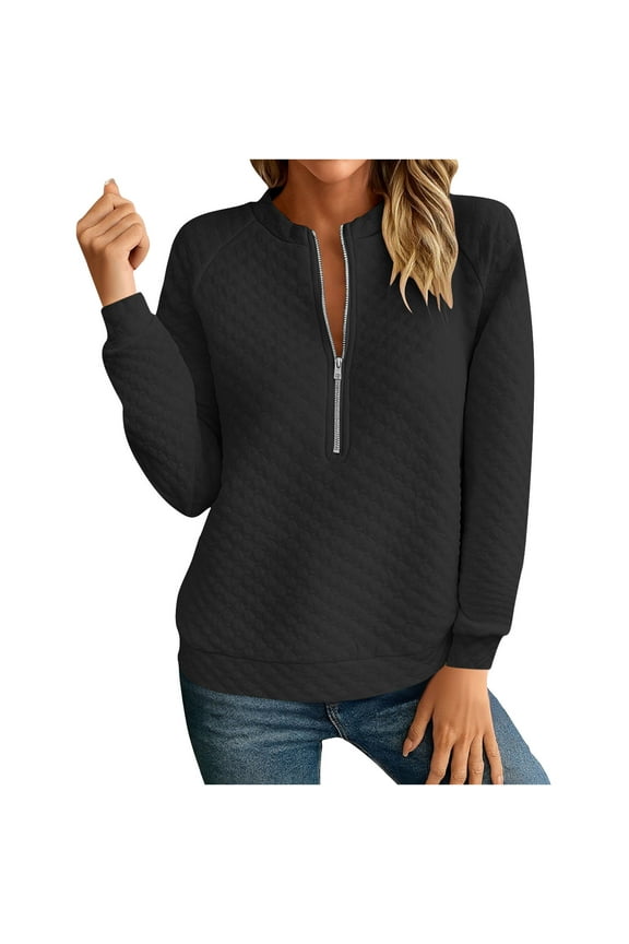 Women's Fashion Standing Collar Half Zipper Chest Pocket Pullover Solid Colored Tops Casual Loose Warm Smooth Fit Ladies Trendy Top Blouse