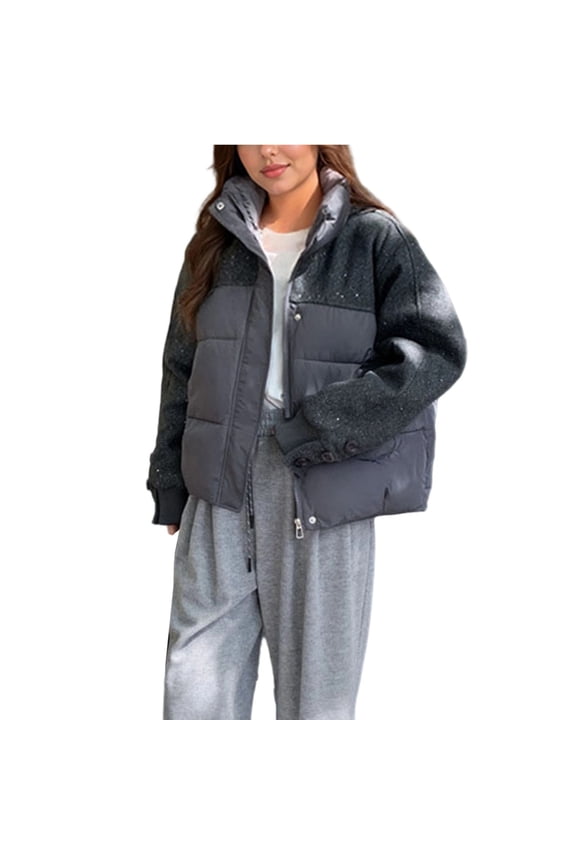 Women's Fashion Standing Collar Hoodless Button Zipper Jacket Casual Solid Colored Drop Shoulder Long Sleeve Loose Fit Warm Outwear Coat