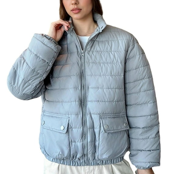 LEBONYARD Women's Fashion Standing Collar Hoodless Zipper Puffer Jacket Casual Solid Colored Long Sleeve Button Pocket Loose Fit Warm Outwear Coat