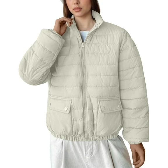 LEBONYARD Women's Fashion Standing Collar Hoodless Zipper Puffer Jacket Casual Solid Colored Long Sleeve Button Pocket Loose Fit Warm Outwear Coat