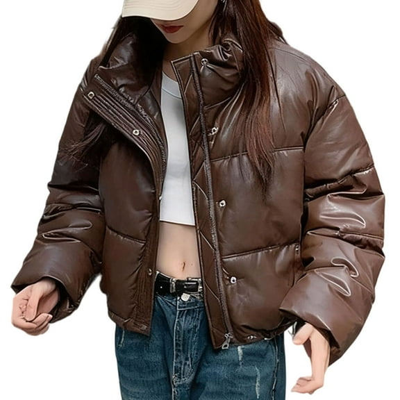 LEBONYARD Women's Fashion Standing Up Collar Zipper Button Leather Jacket Casual Long Sleeve Solid Colored Mid Length Comfortable Ladies Cotton Jacket