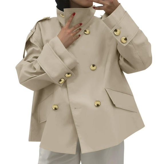 LEBONYARD Women's Fashion Thicken Wool Standing Collar Button Mid Length Coat Casual Solid Colored Long Sleeve Chic Inner Lining Pocket Breasted Coat