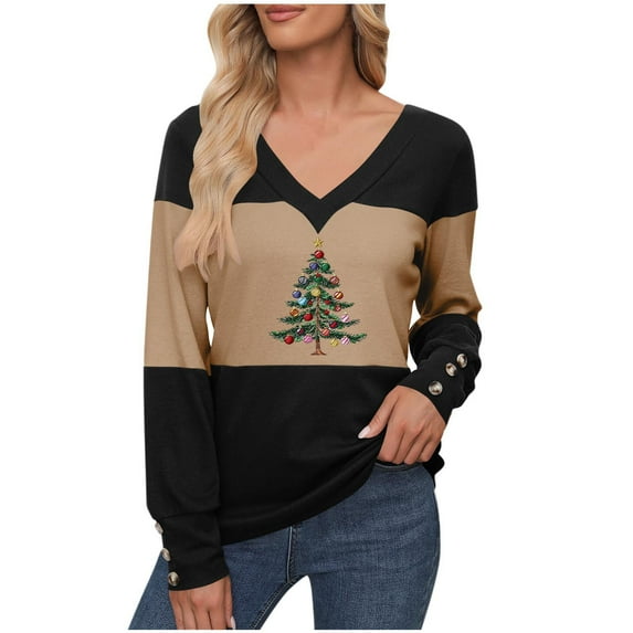 LEBONYARD Women's Fashion V-Neck Christmas Printing Pullover Ladies Tops Casual Solid Color Long Sleeve Comfortable Fit Chic Ladies Fall Outwear Tops