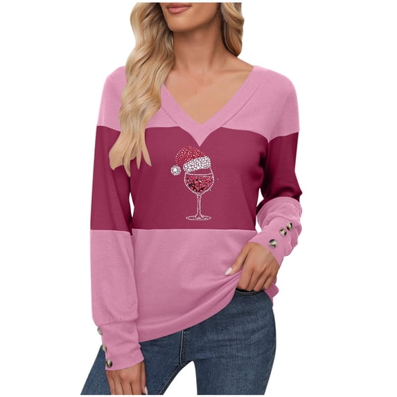 LEBONYARD Women's Fashion V-Neck Christmas Printing Pullover Ladies Tops Casual Solid Color Long Sleeve Comfortable Fit Chic Ladies Fall Outwear Tops