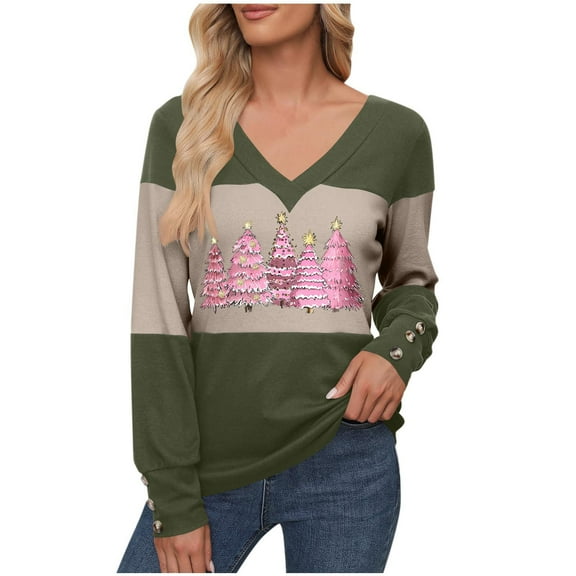 LEBONYARD Women's Fashion V-Neck Christmas Printing Pullover Ladies Tops Casual Solid Color Long Sleeve Comfortable Fit Chic Ladies Fall Outwear Tops