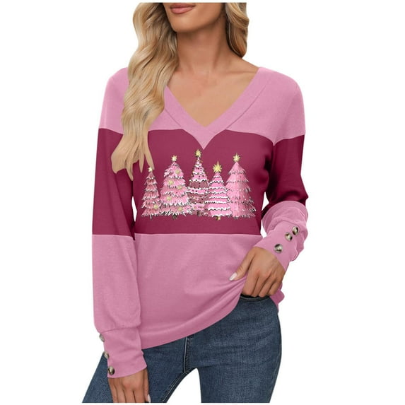 LEBONYARD Women's Fashion V-Neck Christmas Printing Pullover Ladies Tops Casual Solid Color Long Sleeve Comfortable Fit Chic Ladies Fall Outwear Tops