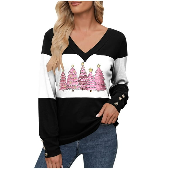 LEBONYARD Women's Fashion V-Neck Christmas Printing Pullover Ladies Tops Casual Solid Color Long Sleeve Comfortable Fit Chic Ladies Fall Outwear Tops