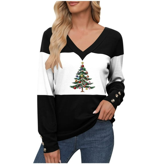LEBONYARD Women's Fashion V-Neck Christmas Printing Pullover Ladies Tops Casual Solid Color Long Sleeve Comfortable Fit Chic Ladies Fall Outwear Tops