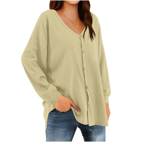 LEBONYARD Women's Fashion V-Neck Pullover Drop Shoulder Tops Casual Solid Long Sleeved Loose Comfortable Soft Fit Cardign Ladies Fall Outwear Tops