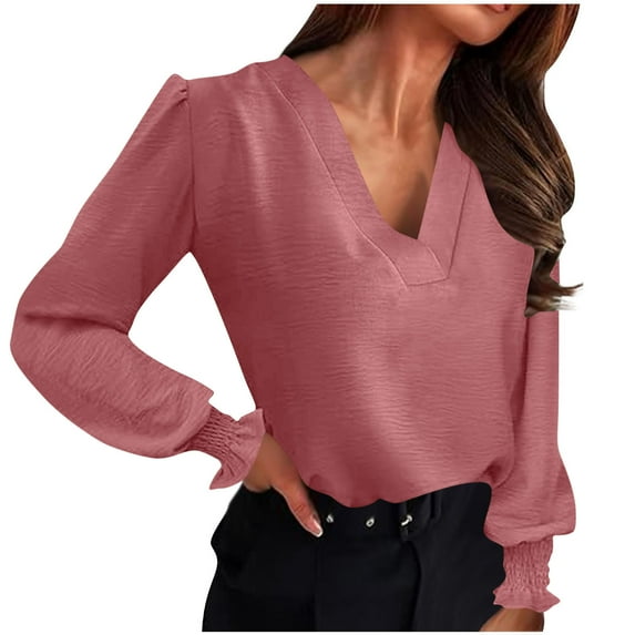 LEBONYARD Women's Fashion V-Neck Pullover Tops Casual Solid Colored Long Sleeved Slim Fit Chic Comfortable Fit Smooth Ladies Fall Outwear Blouse Tops