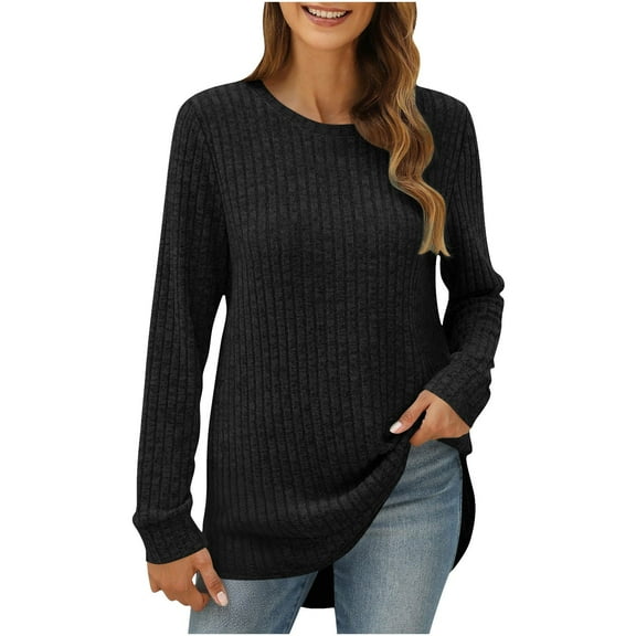 LEBONYARD Women's Fashionable Round Neck Chic Groove Ribbed Solid Colored Long Sleeve Pullover Tops Casual Loose Crew Neck Brushed Ribbed Tops