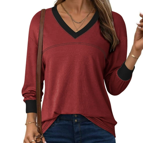 LEBONYARD Women's Fashionable V-Neck Drop Shoulder Pullover Tops Casual Long Sleeved Solid Colored Loose Fit Smooth Ladies Fall Outwear Blouse