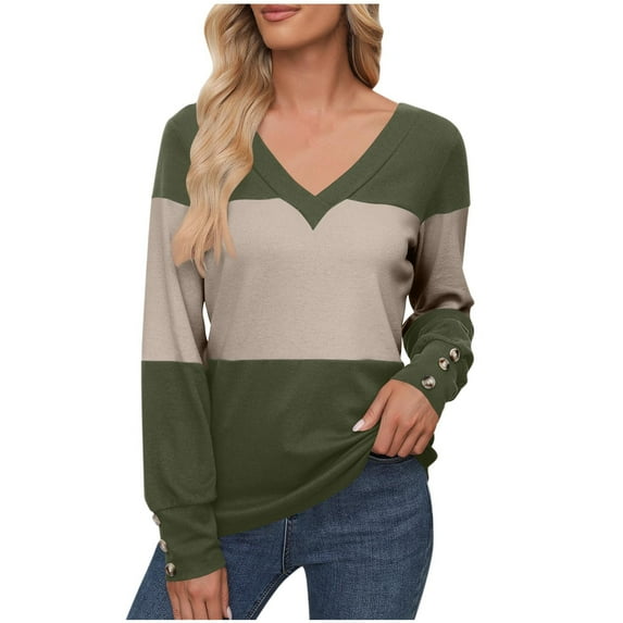 LEBONYARD Women's Fashionable V-Neck Pullover Ladies Tops Casual Solid Colored Long Sleeved Structured Comfortable Fit Chic Ladies Fall Outwear Tops