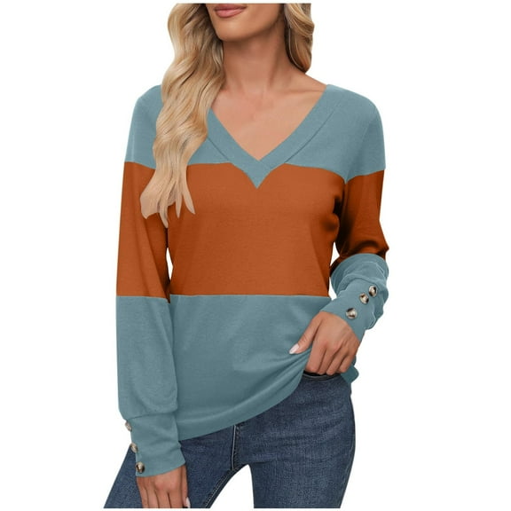 LEBONYARD Women's Fashionable V-Neck Pullover Ladies Tops Casual Solid Colored Long Sleeved Structured Comfortable Fit Chic Ladies Fall Outwear Tops