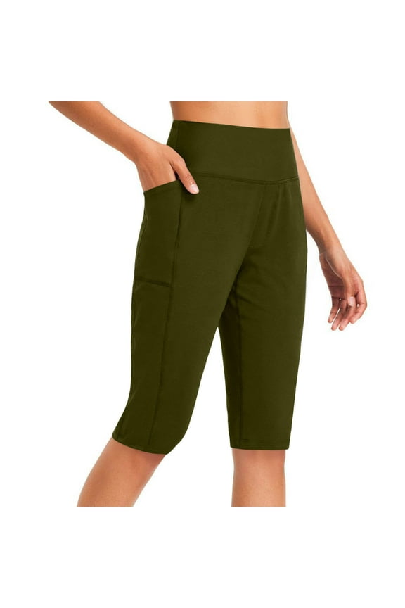 Women's High Elastic Waist Half Leggings Yoga Pants Casual Solid Color Soft Fitnees Sports Half Pocket Yoga Sllim Pants