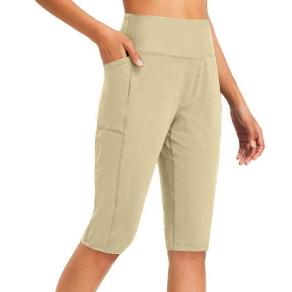 LEBONYARD Women's High Elastic Waist Half Leggings Yoga Pants Casual Solid Color Soft Fitnees Sports Half Pocket Yoga Sllim Pants