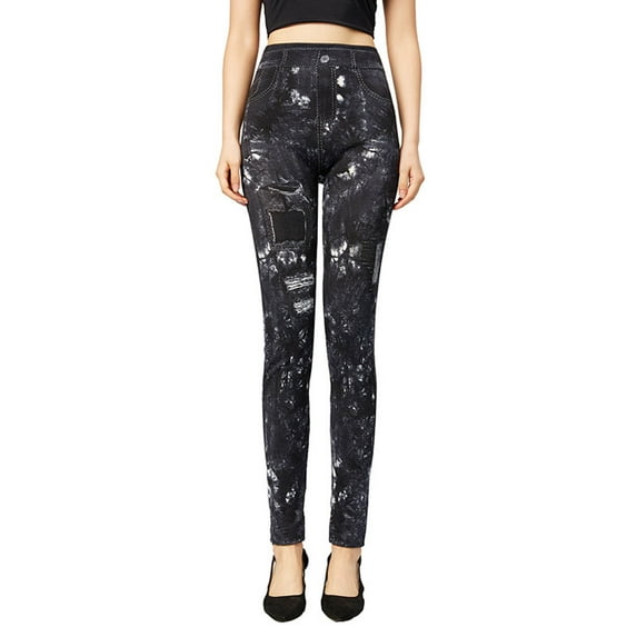 LEBONYARD Women's High-Rise Ankle Knit Leggings,Women's Fashion Elastic Imitation Denim Print Leggings with Yoga Sport Elastic Pants Black XXXL