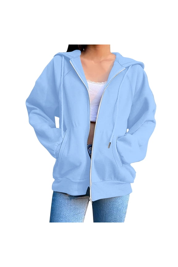 Women's Trendy Zipper Drawstring Hoodie Solid Colored Long Sleeve Loose Fitting Casual Outerwear Sports Pockets Warm Sweatshirts