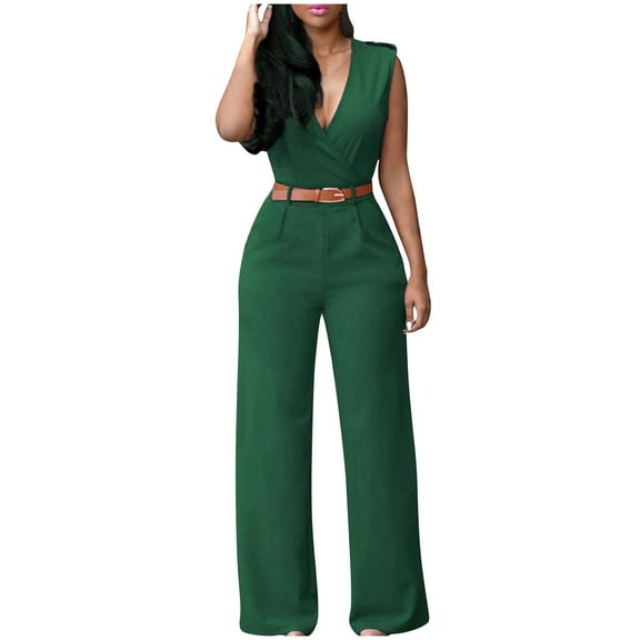 LEBONYARD Women's Jumpsuit with Straps in Bold Colorway,Women's Solid Color Sexy Pocket Casual Sleeveless Long Pants High Waisted V-neck Wide Leg Pants Jumpsuit Green L