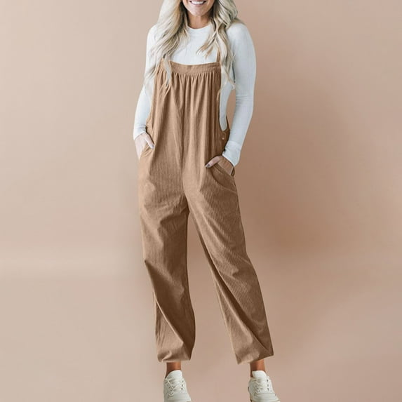 LEBONYARD Women's Jumpsuit with Straps in Lightweight Fabric,Corduroy Overalls for Women Barrel Wide Leg Bib Corduroy Pants Women Adjustable Romper Jumpsuit with Pockets Khaki S