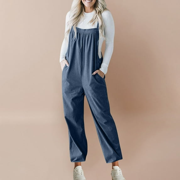 LEBONYARD Women's Jumpsuit with Straps in Loose Fit,Corduroy Overalls for Women Barrel Wide Leg Bib Corduroy Pants Women Adjustable Romper Jumpsuit with Pockets Navy L