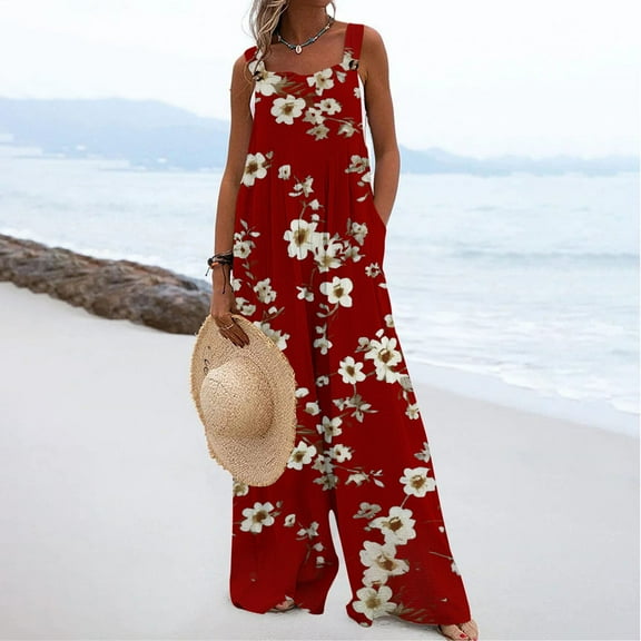 LEBONYARD Women's Jumpsuit with Straps in Linen,Women's Printed Jumpsuit Casual Button Pocket Sleeveless Wide Leg Trousers Red M