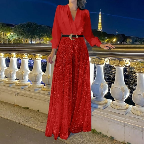 LEBONYARD Women's Jumpsuit with Straps with V-Neckline,Woman Fashion Sequin Solid Color Splice V- Sleeve Long Sleeve Jumpsuit Long Pants Red M