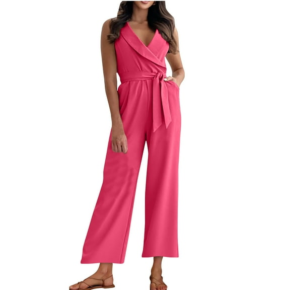 LEBONYARD Women's Jumpsuit with Straps with V-Neckline,Women's Fashion Solid-neck High Waist Waist Up Jumpsuit One Hot Pink XXL