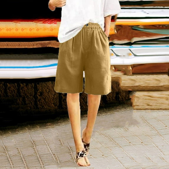 LEBONYARD Women's Linen Pull-On Shorts,Women's Shorts for a Fun Outfit,Women's Half Shorts Pants Summer Elastic Waist Buttons Casual Linen Pockets Pants