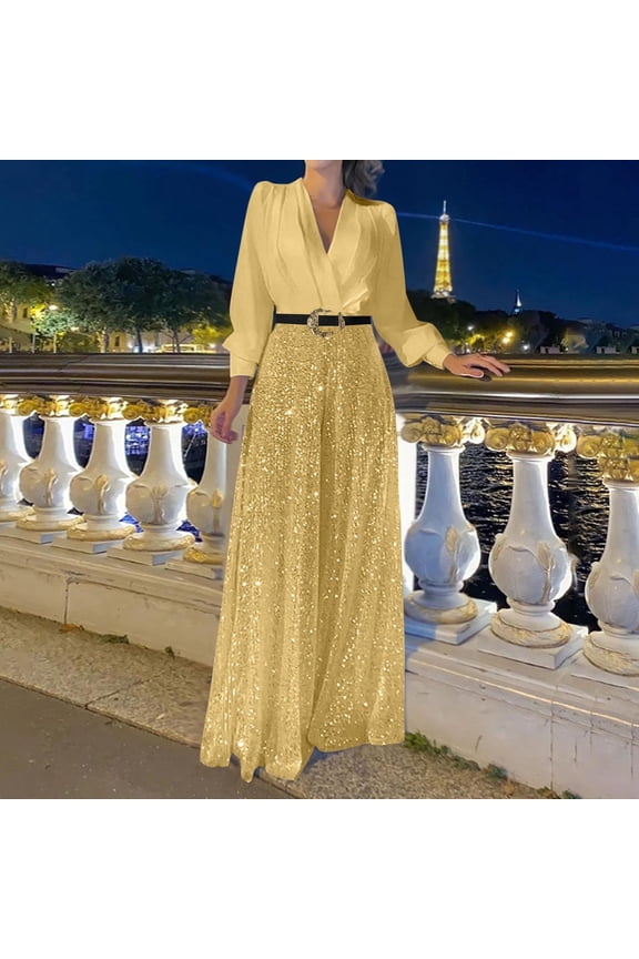 Women's Open Back Jumpsuits,Woman Fashion Sequin Solid Color Splice V- Sleeve Long Sleeve Jumpsuit Long Pants Gold S