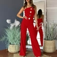 thumbnail image 1 of LEBONYARD Women's Overalls in Cotton Blend,Jumpsuits for Women Sleeveless Buttons Solid Color Lace Up Loose Straight Pants Fashion Romper Pants Red XL, 1 of 9