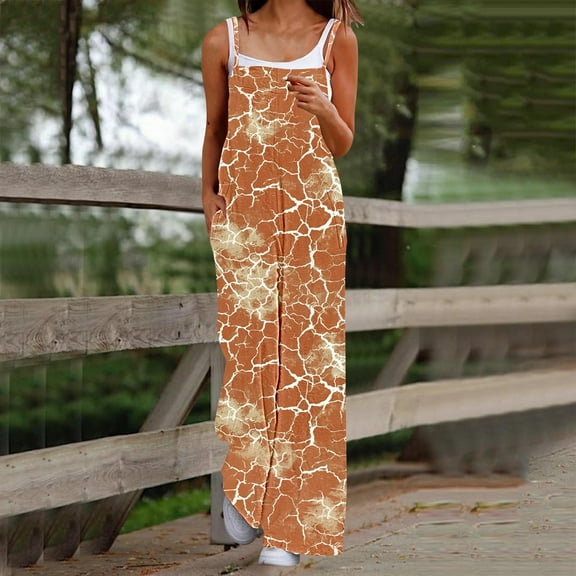 LEBONYARD Women's Overalls with Cut-Outs,Women's Casual Sleeveless Strap Printed Spaghetti High Waist Wide Leg Jumpsuit Rompers with Pocket Multicolor S