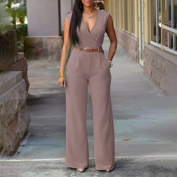 LEBONYARD Women's Overalls with V-Neck Design,Women's Solid Color Sexy Pocket Casual Sleeveless Long Pants High Waisted V-neck Wide Leg Pants Jumpsuit Khaki M