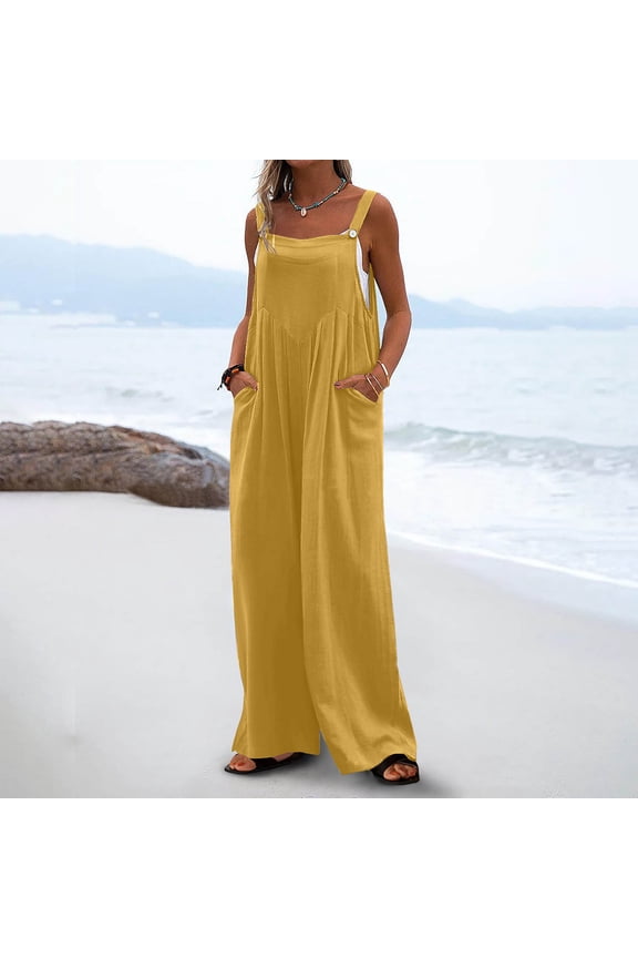 Women's Overalls in Fitted Cut,Women's Printed Jumpsuit Casual Button Pocket Sleeveless Wide Leg Trousers Yellow M