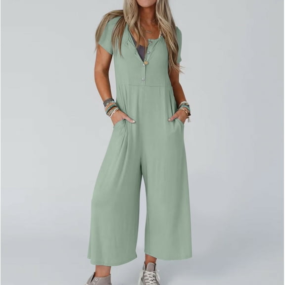 LEBONYARD Women's Overalls in Linen Material,Women's Solid Color Short-Sleeved Casual Wide-Leg Jumpsuit with Button Pockets Green L